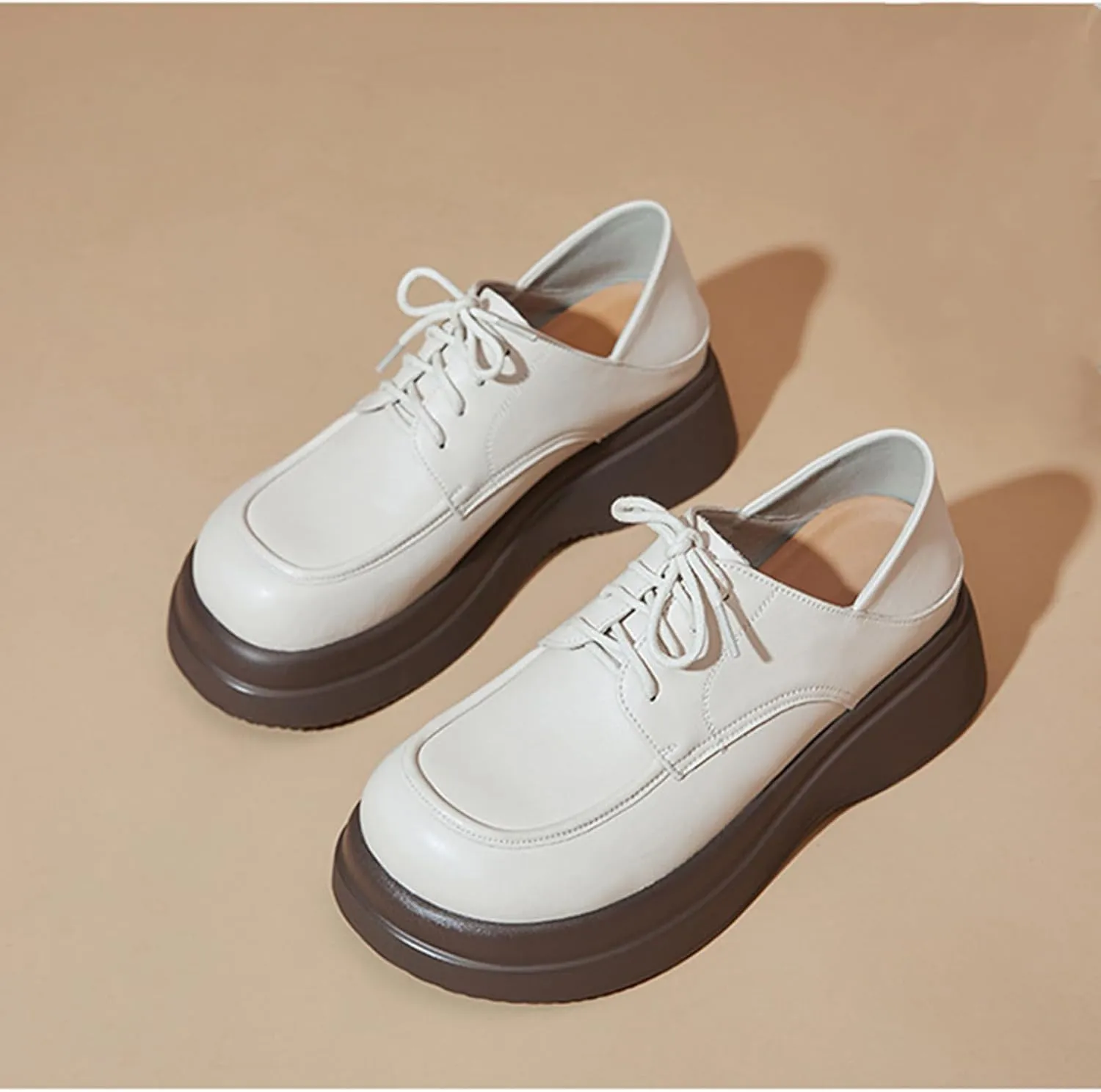 Women's Fashion Genuine Leather Lace-Up Chunky Platform Loafers Elegant Closed Round Head Comfortable Slip-On Oxford Shoes for Everyday Party Evening Night Dates