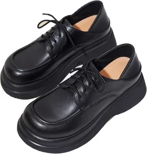 Women's Fashion Genuine Leather Lace-Up Chunky Platform Loafers Elegant Closed Round Head Comfortable Slip-On Oxford Shoes for Everyday Party Evening Night Dates