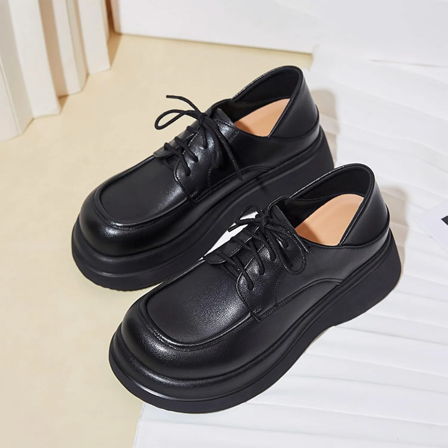 Women's Fashion Genuine Leather Lace-Up Chunky Platform Loafers Elegant Closed Round Head Comfortable Slip-On Oxford Shoes for Everyday Party Evening Night Dates