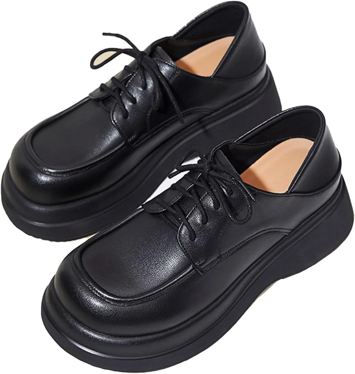 Women's Fashion Genuine Leather Lace-Up Chunky Platform Loafers Elegant Closed Round Head Comfortable Slip-On Oxford Shoes for Everyday Party Evening Night Dates
