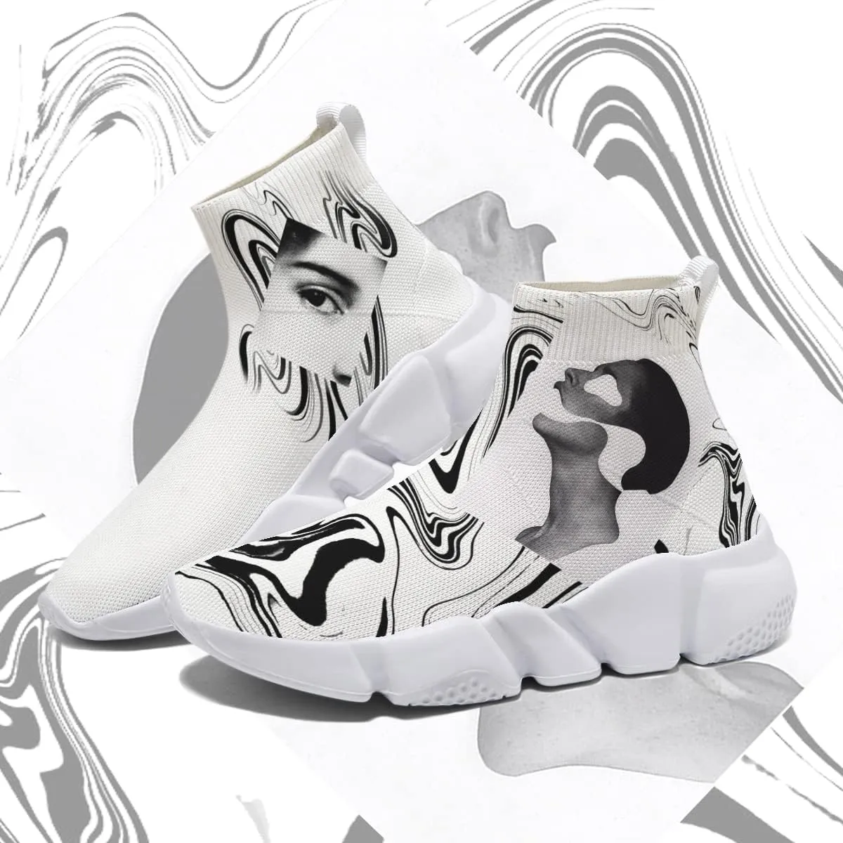 Women's Fashion Sneakers - Trippy Art Painted Shoes Knit Workout Casual Sock Shoes