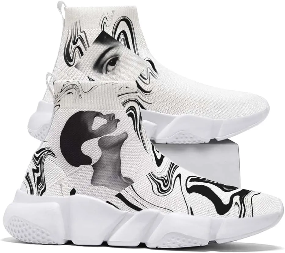Women's Fashion Sneakers - Trippy Art Painted Shoes Knit Workout Casual Sock Shoes