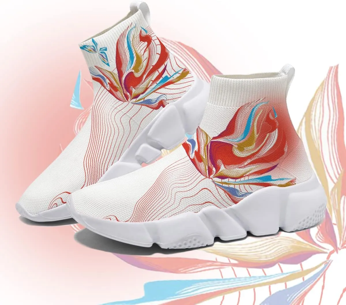 Women's Fashion Sneakers - Trippy Art Painted Shoes Knit Workout Casual Sock Shoes