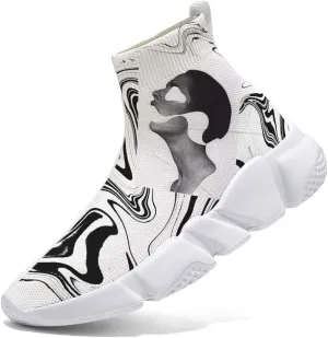 Women's Fashion Sneakers - Trippy Art Painted Shoes Knit Workout Casual Sock Shoes