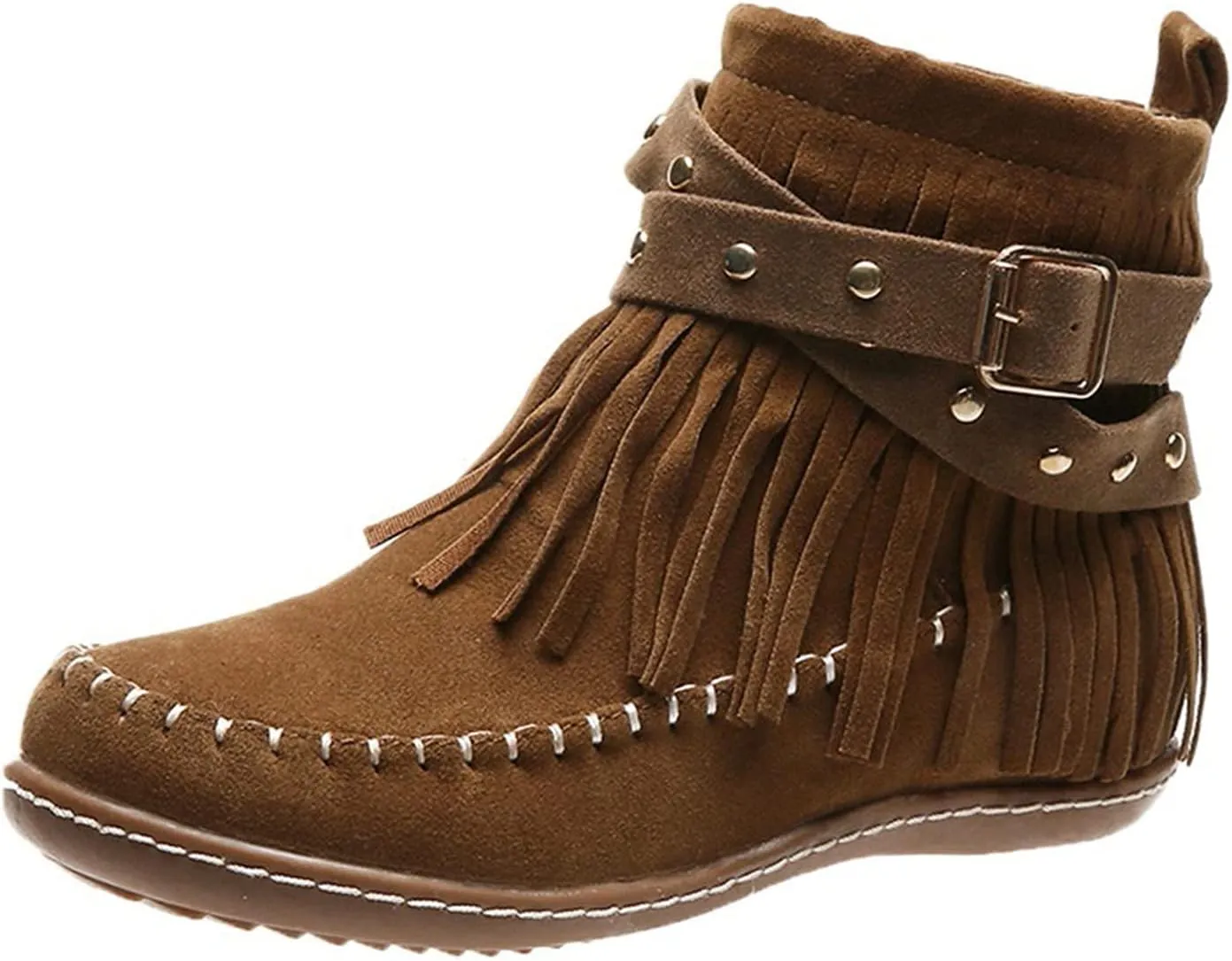 Women's Fringe Side-Zip Boot,Women's Suede Fringe Ankle Boots Wide Round Toe Flats Winter Warm Fashionable Western Outdoor Short Boots Boho Tassel Studded Slip On Booties with Zipper