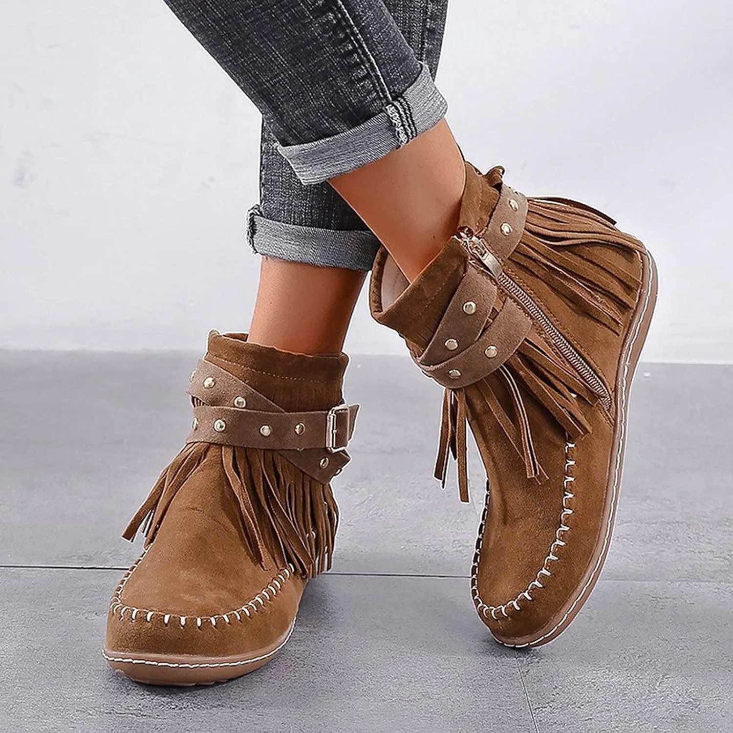 Women's Fringe Side-Zip Boot,Women's Suede Fringe Ankle Boots Wide Round Toe Flats Winter Warm Fashionable Western Outdoor Short Boots Boho Tassel Studded Slip On Booties with Zipper