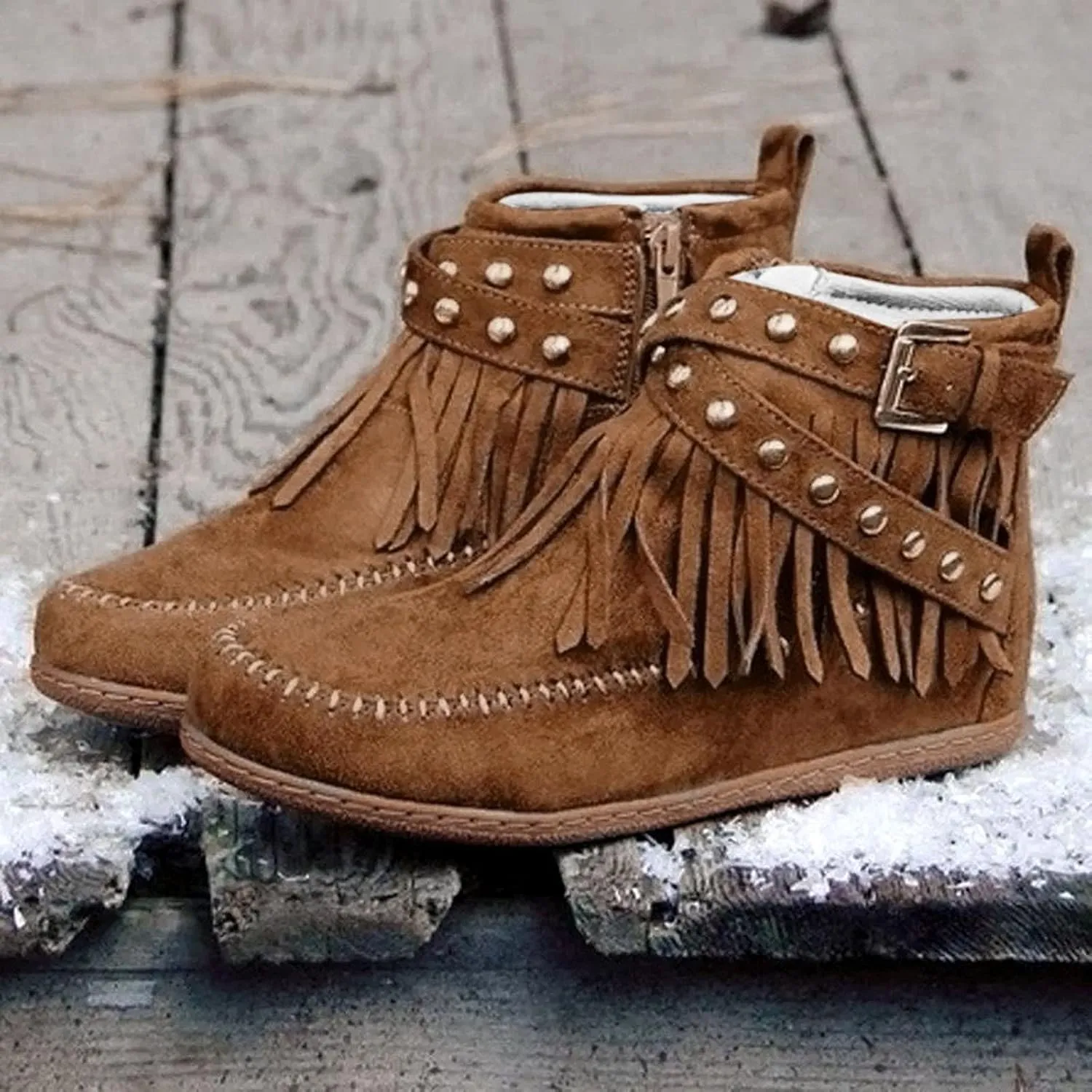 Women's Fringe Side-Zip Boot,Women's Suede Fringe Ankle Boots Wide Round Toe Flats Winter Warm Fashionable Western Outdoor Short Boots Boho Tassel Studded Slip On Booties with Zipper