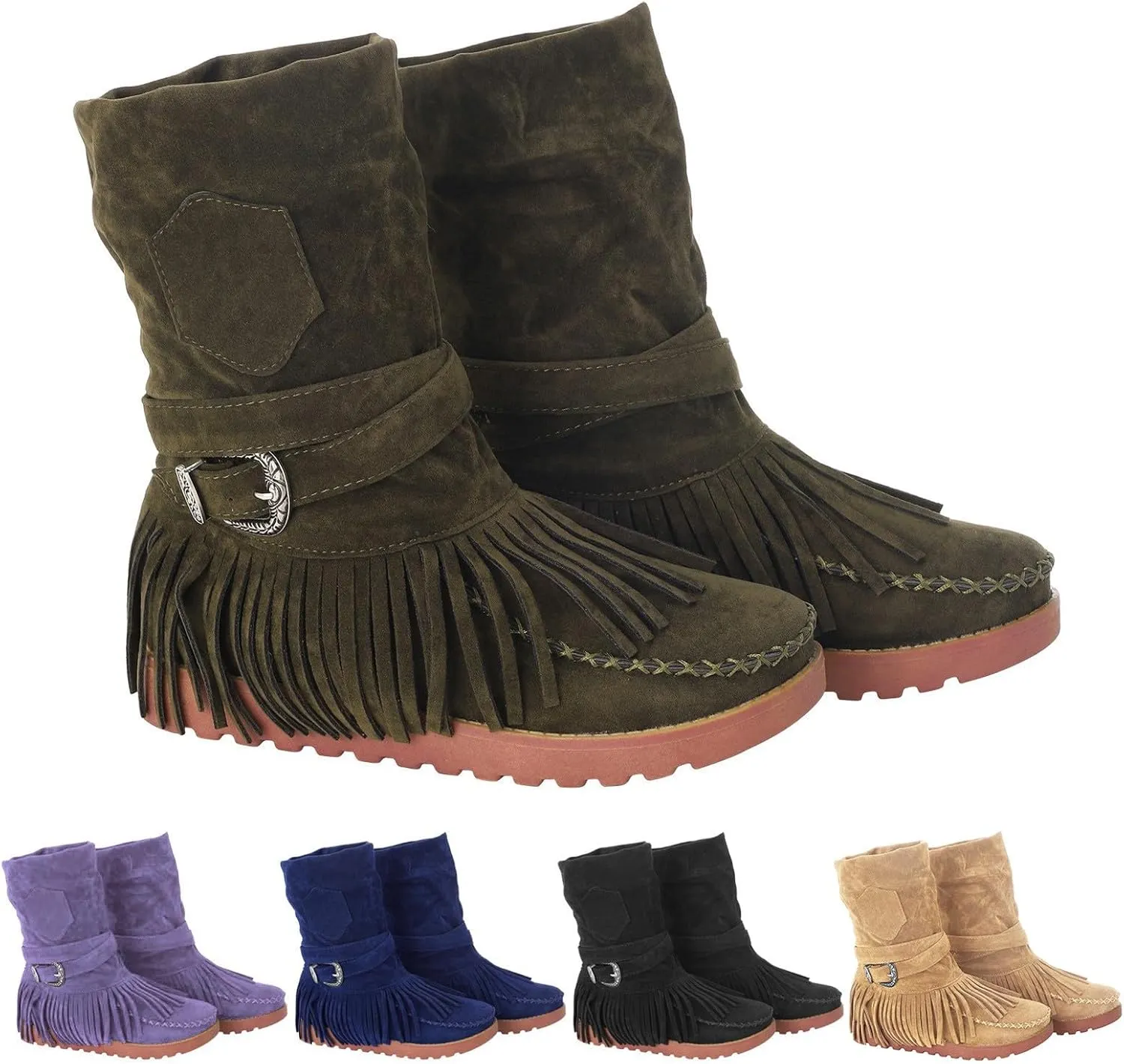 Women's Fringe Side-Zip Boot,Women's Suede Fringe Ankle Boots Wide Round Toe Flats Winter Warm Fashionable Western Outdoor Short Boots Boho Tassel Studded Slip On Booties with Zipper