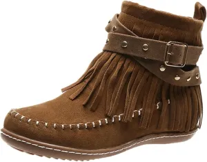 Women's Fringe Side-Zip Boot,Women's Suede Fringe Ankle Boots Wide Round Toe Flats Winter Warm Fashionable Western Outdoor Short Boots Boho Tassel Studded Slip On Booties with Zipper