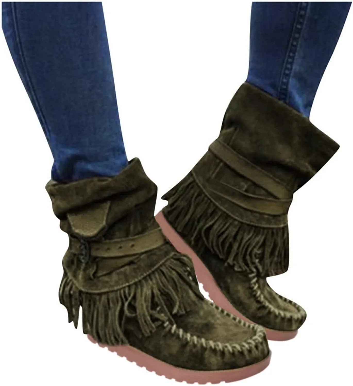 Women's Fringe Side-Zip Boot,Women's Suede Fringe Ankle Boots Wide Round Toe Flats Winter Warm Fashionable Western Outdoor Short Boots Boho Tassel Studded Slip On Booties with Zipper