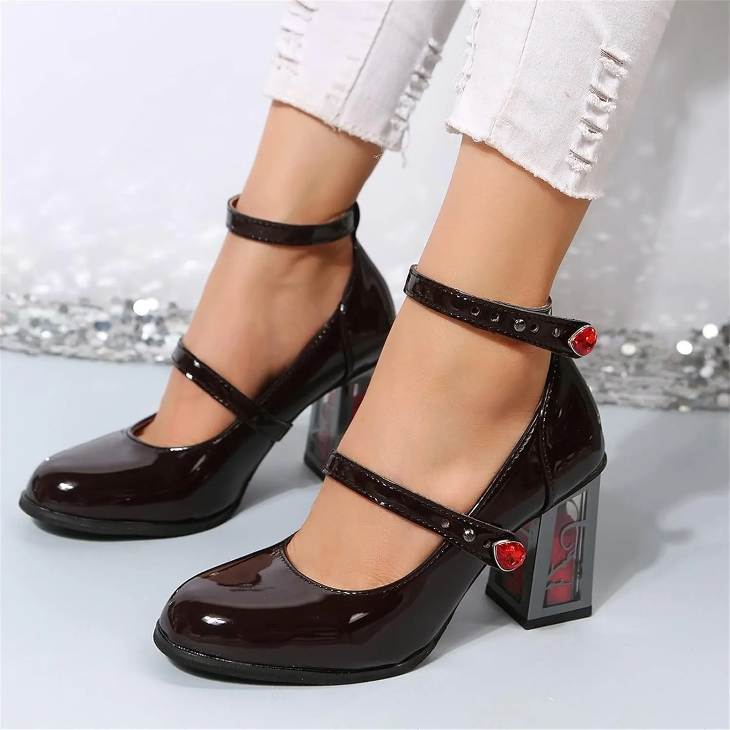 Womens Goth Punk Chunky Heels Pumps Patent Leather Mary Jane Shoes with Ankle Strap Rose High Heel Dress Party Shoes