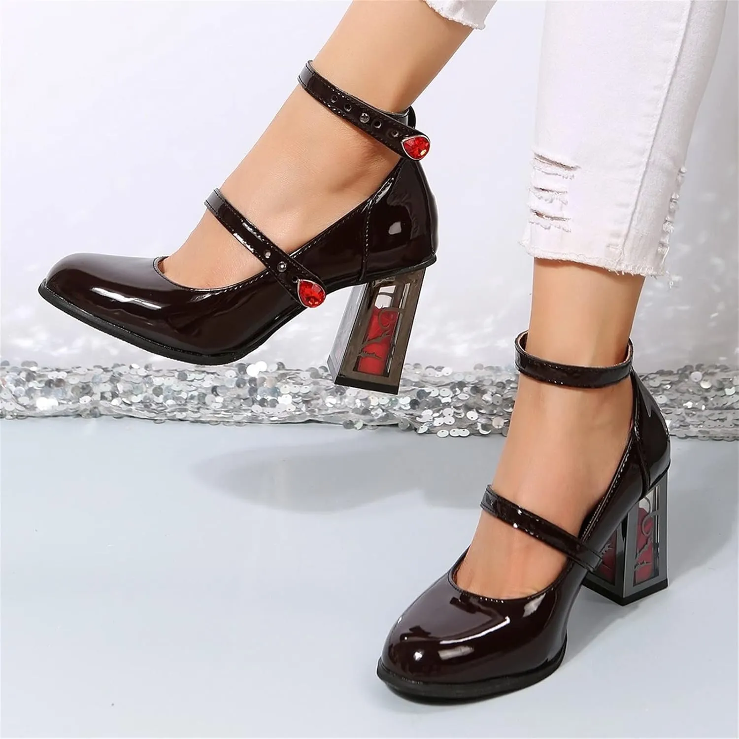 Womens Goth Punk Chunky Heels Pumps Patent Leather Mary Jane Shoes with Ankle Strap Rose High Heel Dress Party Shoes