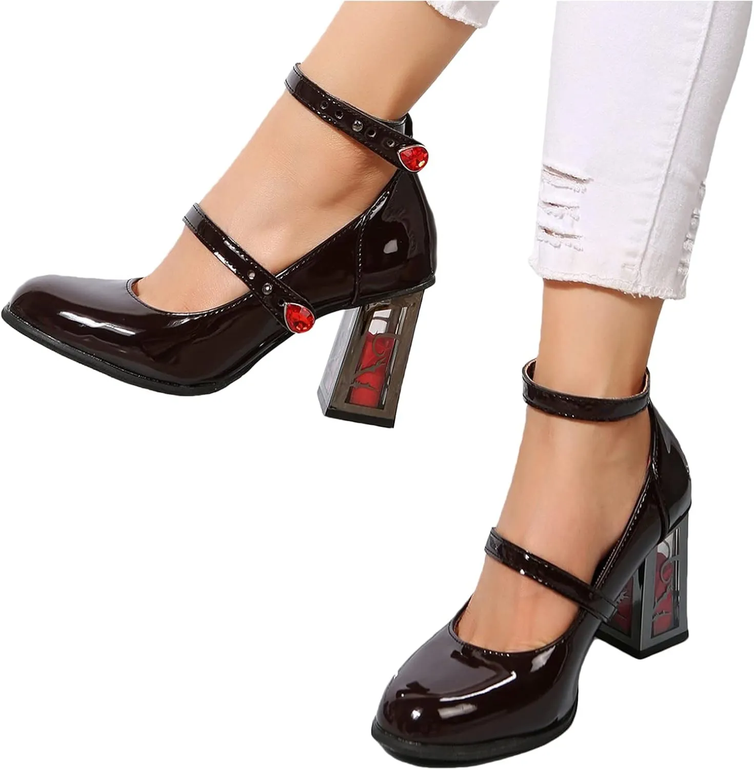Womens Goth Punk Chunky Heels Pumps Patent Leather Mary Jane Shoes with Ankle Strap Rose High Heel Dress Party Shoes