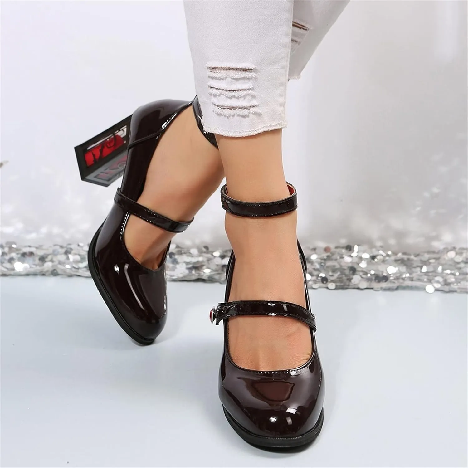 Womens Goth Punk Chunky Heels Pumps Patent Leather Mary Jane Shoes with Ankle Strap Rose High Heel Dress Party Shoes