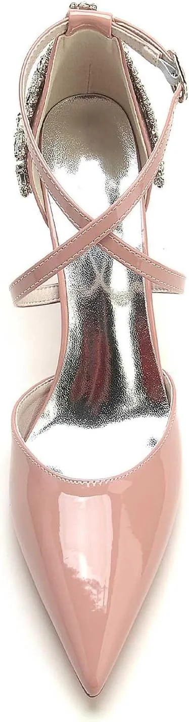 Women's Ivory Bridal Kitten Heel Pumps with Pointed Toe, Rhinestone, & 3.34-Inch Low Heels - Patent Leather Dress Shoes for Weddings