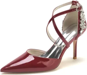 Women's Ivory Bridal Kitten Heel Pumps with Pointed Toe, Rhinestone, & 3.34-Inch Low Heels - Patent Leather Dress Shoes for Weddings