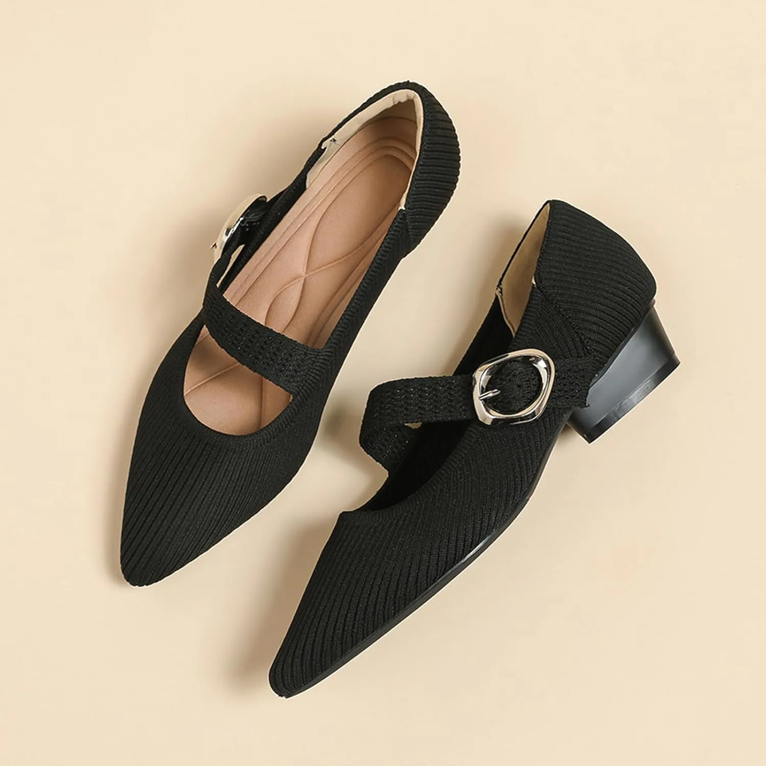 Women's Knit Low Chunky Block Heel Mary Jane Pumps with Adjust Metal Buckle Strap Fashion Closed Pointed Toe Shallow Mouth Slip On Heels Comfortable Casual Business Dress Shoes