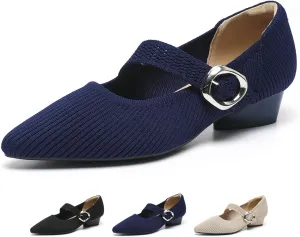 Women's Knit Low Chunky Block Heel Mary Jane Pumps with Adjust Metal Buckle Strap Fashion Closed Pointed Toe Shallow Mouth Slip On Heels Comfortable Casual Business Dress Shoes