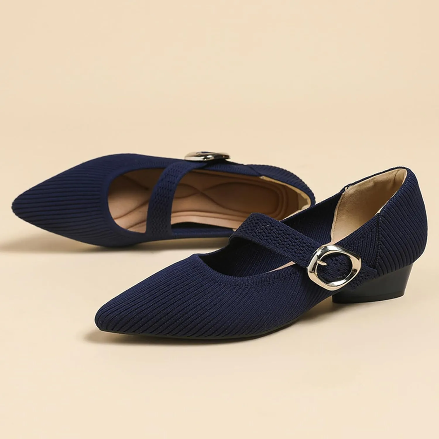 Women's Knit Low Chunky Block Heel Mary Jane Pumps with Adjust Metal Buckle Strap Fashion Closed Pointed Toe Shallow Mouth Slip On Heels Comfortable Casual Business Dress Shoes