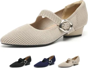 Women's Knit Low Chunky Block Heel Mary Jane Pumps with Adjust Metal Buckle Strap Fashion Closed Pointed Toe Shallow Mouth Slip On Heels Comfortable Casual Business Dress Shoes
