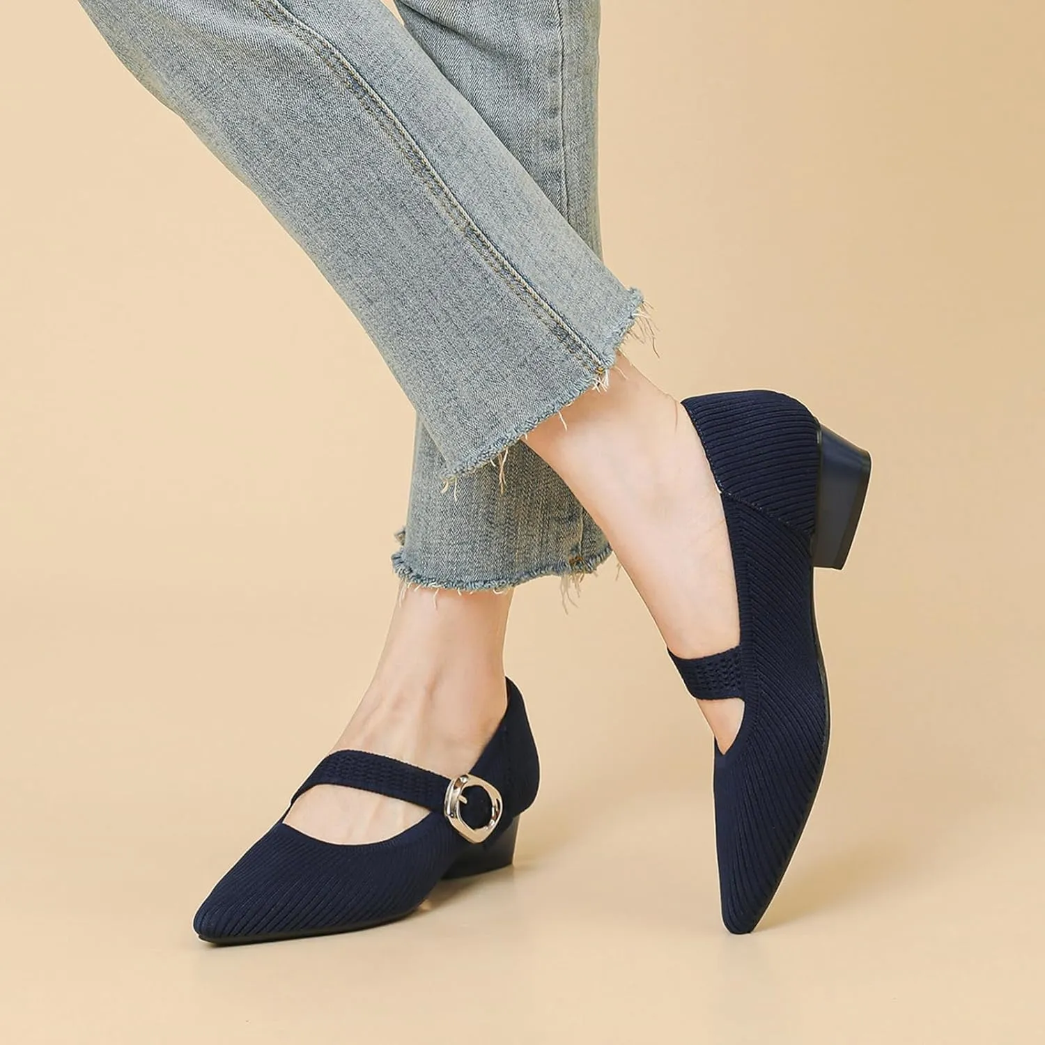 Women's Knit Low Chunky Block Heel Mary Jane Pumps with Adjust Metal Buckle Strap Fashion Closed Pointed Toe Shallow Mouth Slip On Heels Comfortable Casual Business Dress Shoes