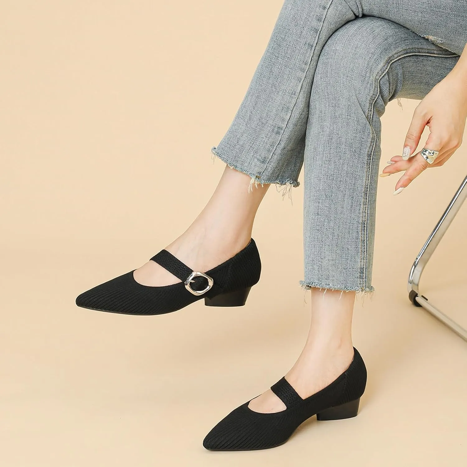 Women's Knit Low Chunky Block Heel Mary Jane Pumps with Adjust Metal Buckle Strap Fashion Closed Pointed Toe Shallow Mouth Slip On Heels Comfortable Casual Business Dress Shoes