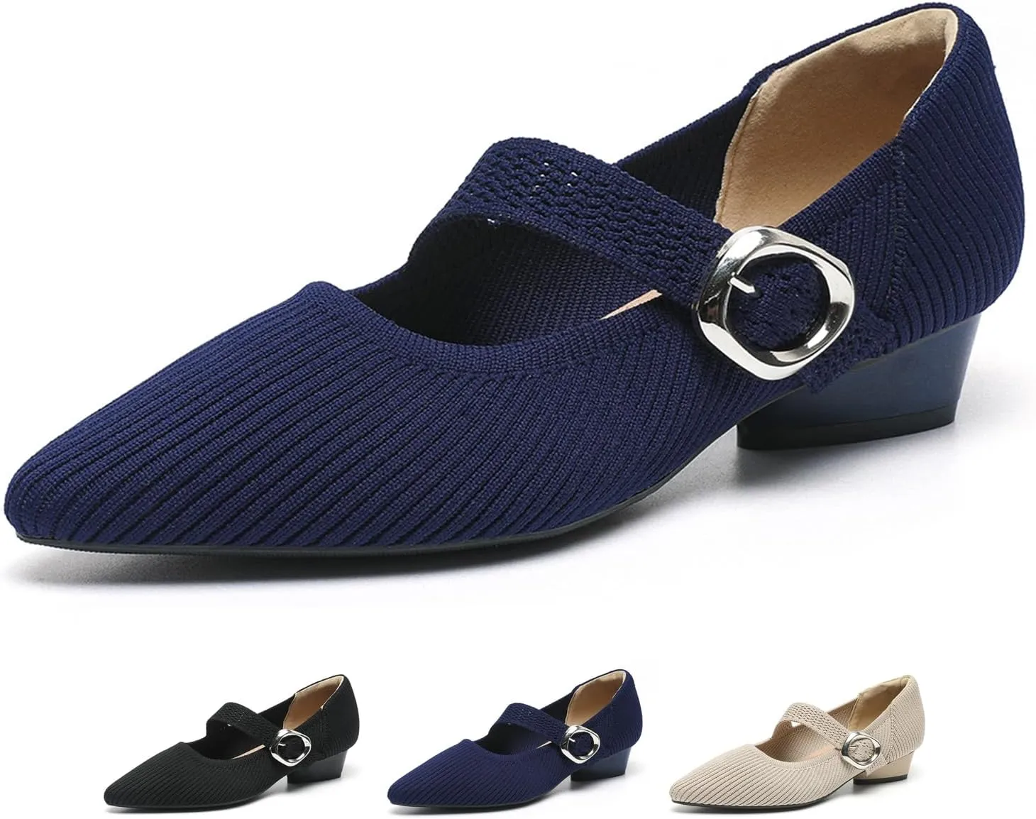 Women's Knit Low Chunky Block Heel Mary Jane Pumps with Adjust Metal Buckle Strap Fashion Closed Pointed Toe Shallow Mouth Slip On Heels Comfortable Casual Business Dress Shoes