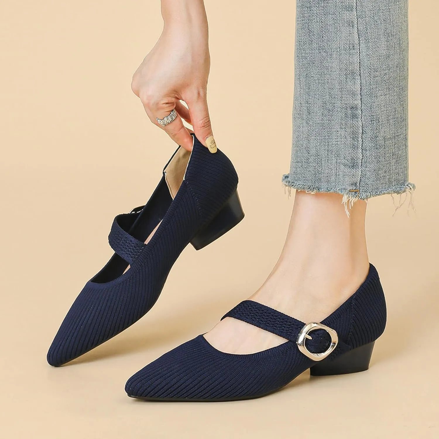 Women's Knit Low Chunky Block Heel Mary Jane Pumps with Adjust Metal Buckle Strap Fashion Closed Pointed Toe Shallow Mouth Slip On Heels Comfortable Casual Business Dress Shoes