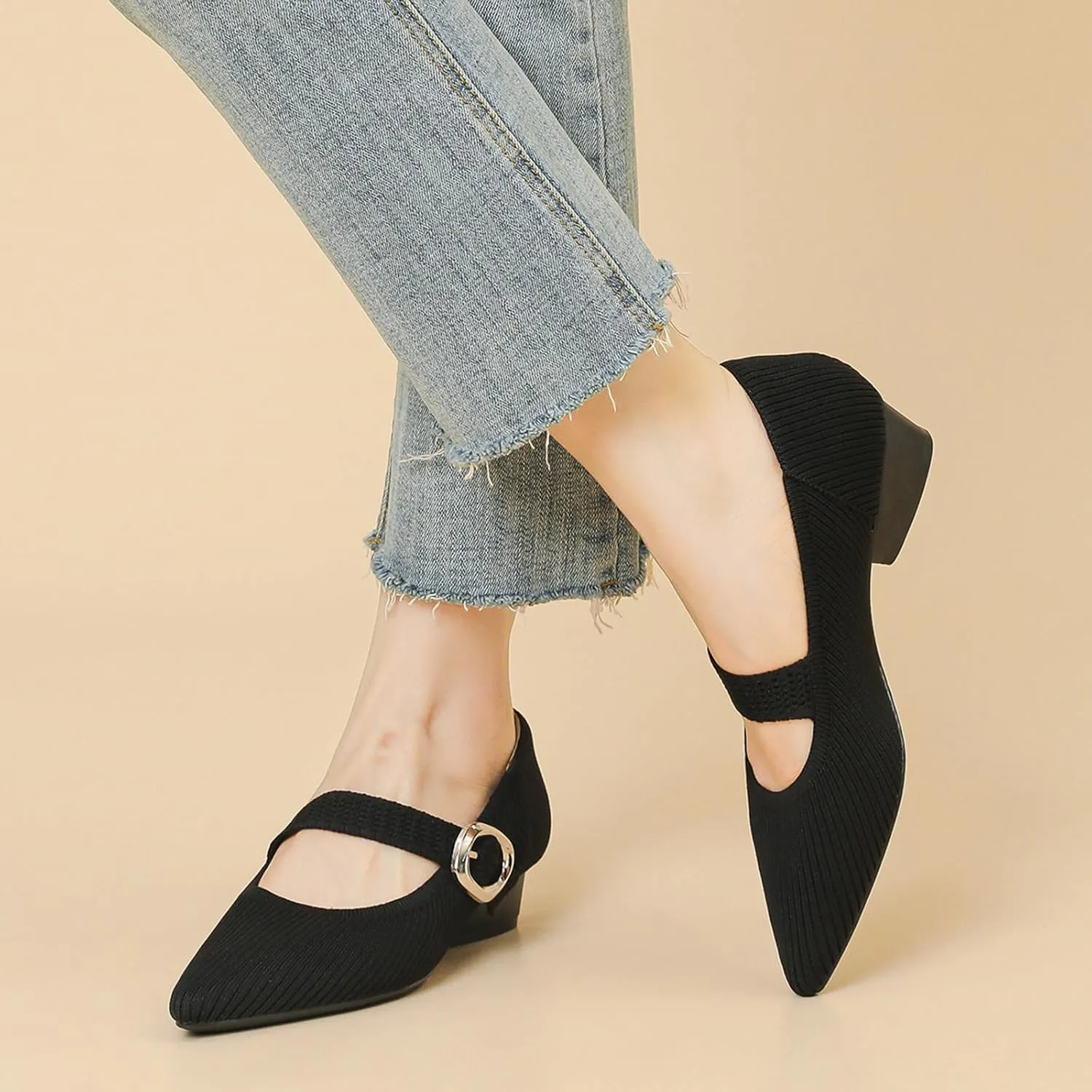Women's Knit Low Chunky Block Heel Mary Jane Pumps with Adjust Metal Buckle Strap Fashion Closed Pointed Toe Shallow Mouth Slip On Heels Comfortable Casual Business Dress Shoes