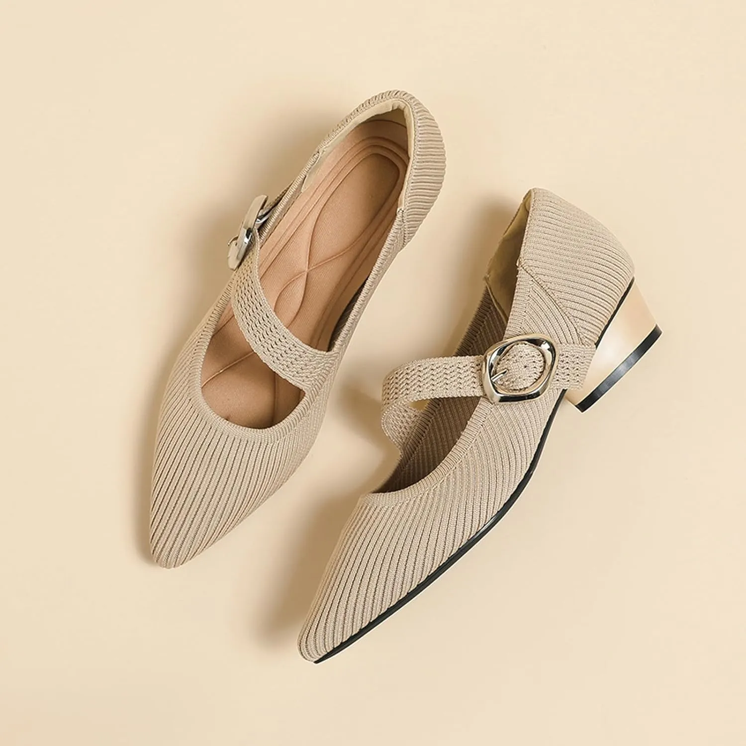 Women's Knit Low Chunky Block Heel Mary Jane Pumps with Adjust Metal Buckle Strap Fashion Closed Pointed Toe Shallow Mouth Slip On Heels Comfortable Casual Business Dress Shoes
