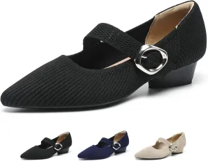 Women's Knit Low Chunky Block Heel Mary Jane Pumps with Adjust Metal Buckle Strap Fashion Closed Pointed Toe Shallow Mouth Slip On Heels Comfortable Casual Business Dress Shoes