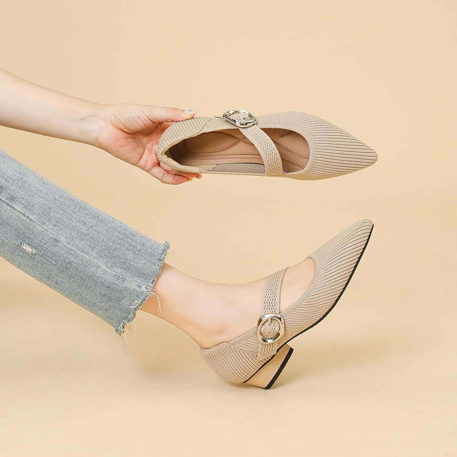 Women's Knit Low Chunky Block Heel Mary Jane Pumps with Adjust Metal Buckle Strap Fashion Closed Pointed Toe Shallow Mouth Slip On Heels Comfortable Casual Business Dress Shoes