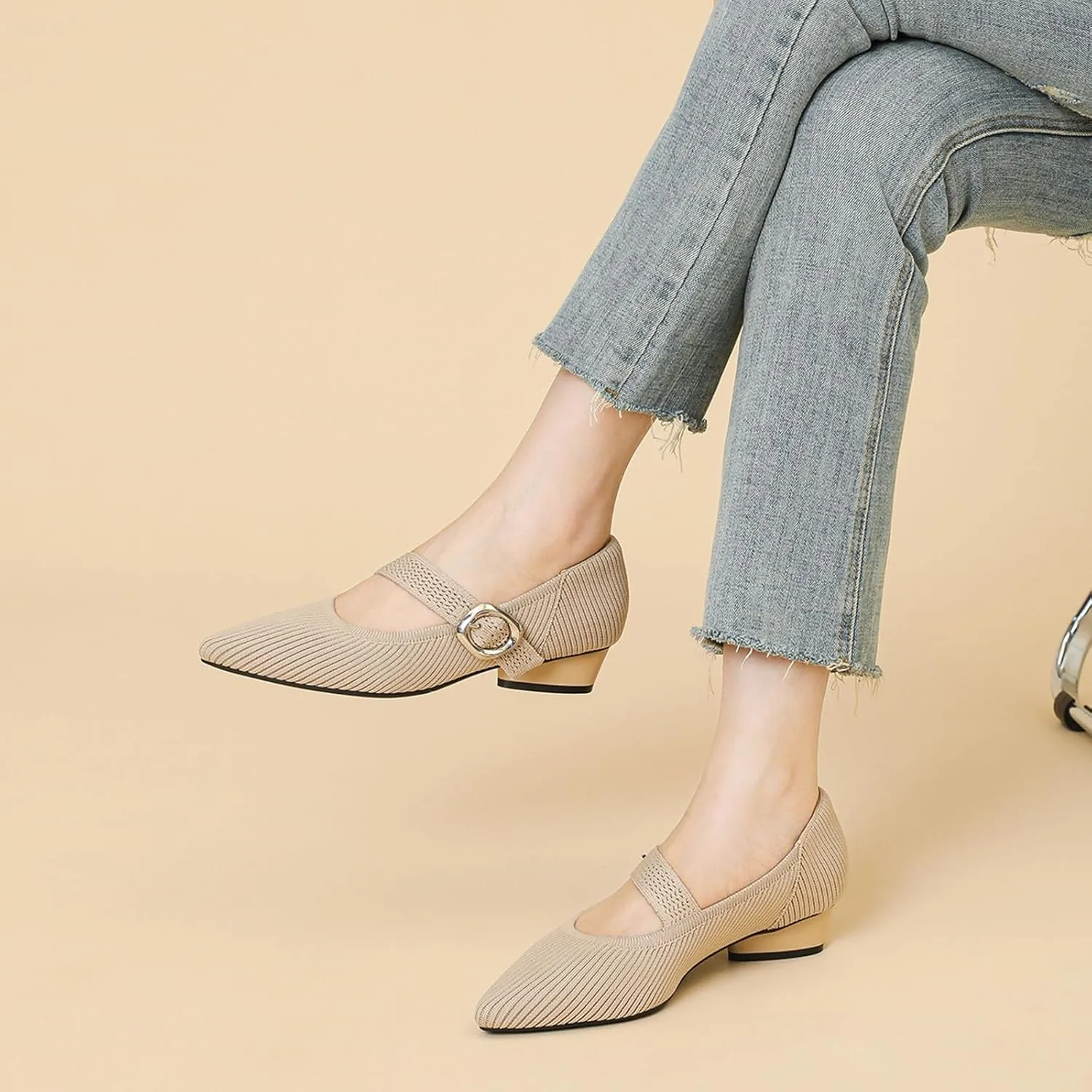 Women's Knit Low Chunky Block Heel Mary Jane Pumps with Adjust Metal Buckle Strap Fashion Closed Pointed Toe Shallow Mouth Slip On Heels Comfortable Casual Business Dress Shoes