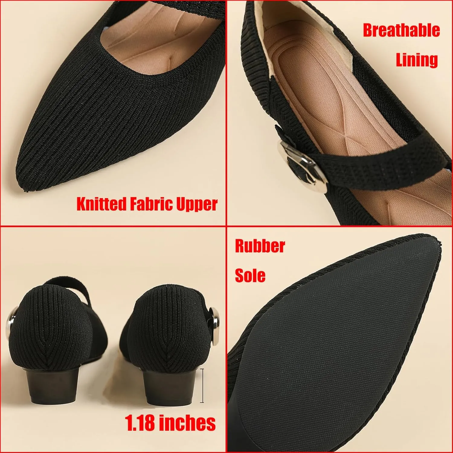 Women's Knit Low Chunky Block Heel Mary Jane Pumps with Adjust Metal Buckle Strap Fashion Closed Pointed Toe Shallow Mouth Slip On Heels Comfortable Casual Business Dress Shoes
