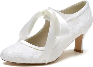 Women's Lace Wedding Shoes for Bride Block Heels Mary Jane Low Heels Bridal Shoes Evening Prom Party Dress Shoes Pumps 36862-555