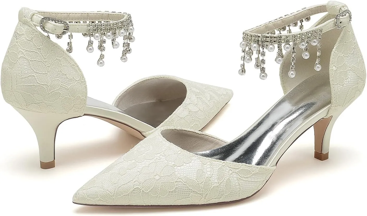 Women's Lace Wedding Shoes for Bride Pearl Tassel Bridal Shoes Opinted Toe Ankle Strap Bridals Heels