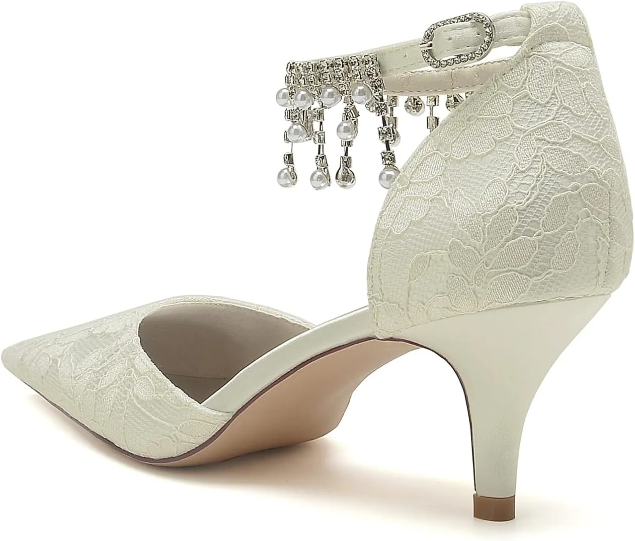 Women's Lace Wedding Shoes for Bride Pearl Tassel Bridal Shoes Opinted Toe Ankle Strap Bridals Heels