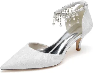 Women's Lace Wedding Shoes for Bride Pearl Tassel Bridal Shoes Opinted Toe Ankle Strap Bridals Heels
