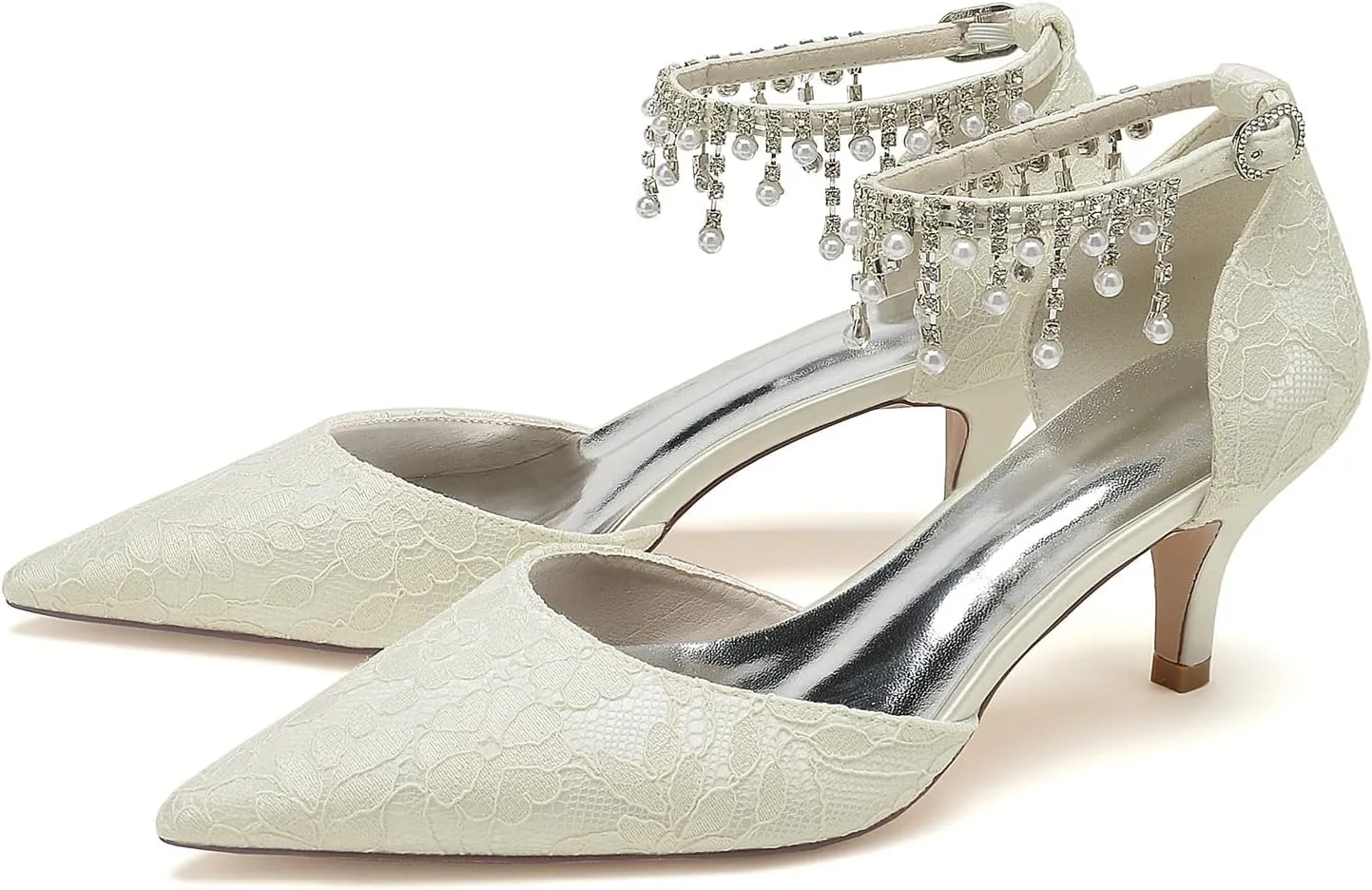 Women's Lace Wedding Shoes for Bride Pearl Tassel Bridal Shoes Opinted Toe Ankle Strap Bridals Heels