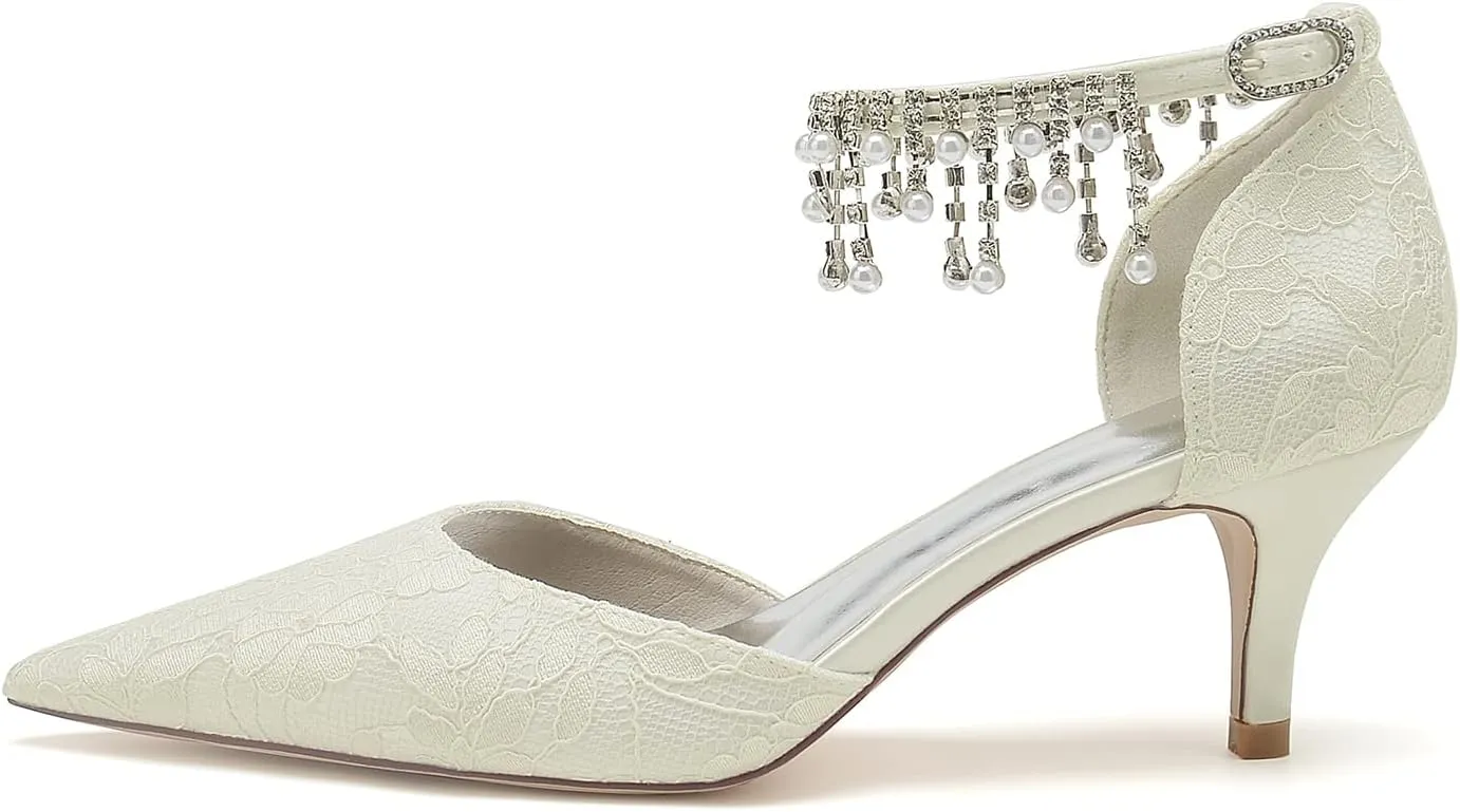 Women's Lace Wedding Shoes for Bride Pearl Tassel Bridal Shoes Opinted Toe Ankle Strap Bridals Heels