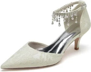 Women's Lace Wedding Shoes for Bride Pearl Tassel Bridal Shoes Opinted Toe Ankle Strap Bridals Heels