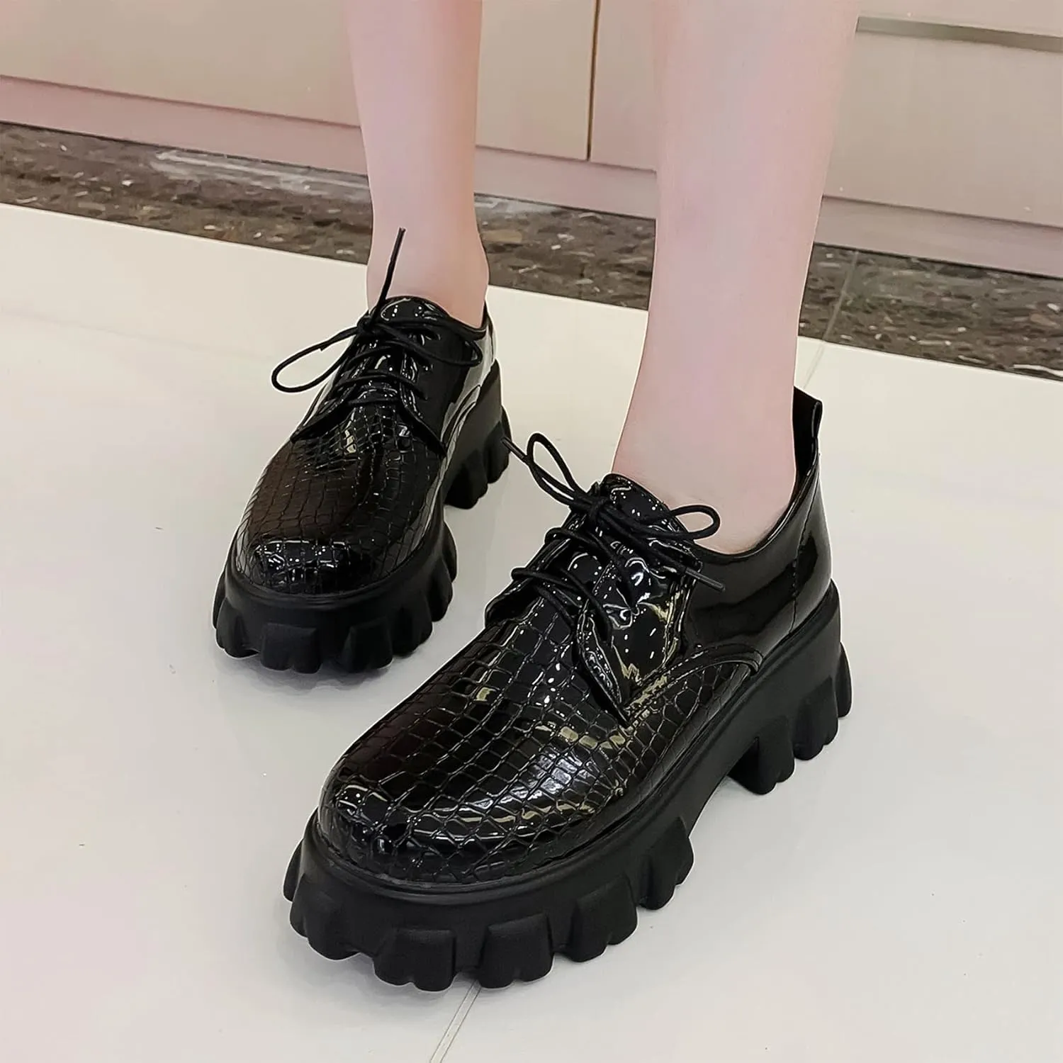 Women's Lug Sole Creeper Shoes Patent Leather Chunky Heels Oxford Brogues Crocodile Print Gothic Platform Pumps