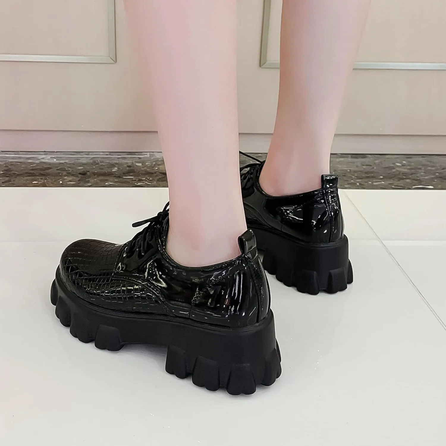 Women's Lug Sole Creeper Shoes Patent Leather Chunky Heels Oxford Brogues Crocodile Print Gothic Platform Pumps