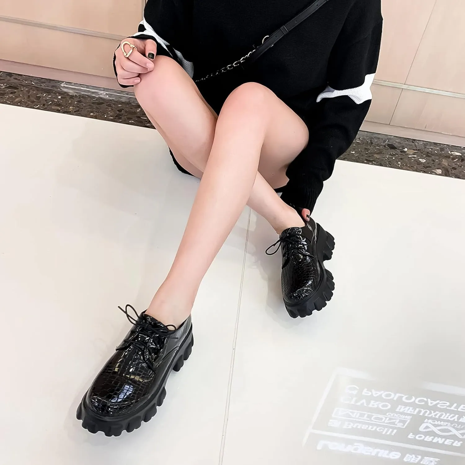 Women's Lug Sole Creeper Shoes Patent Leather Chunky Heels Oxford Brogues Crocodile Print Gothic Platform Pumps