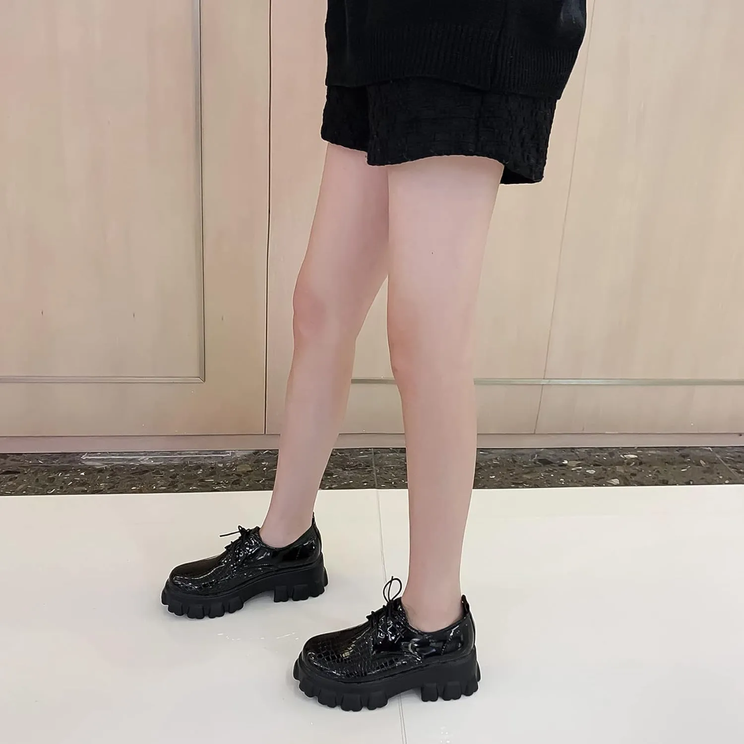 Women's Lug Sole Creeper Shoes Patent Leather Chunky Heels Oxford Brogues Crocodile Print Gothic Platform Pumps