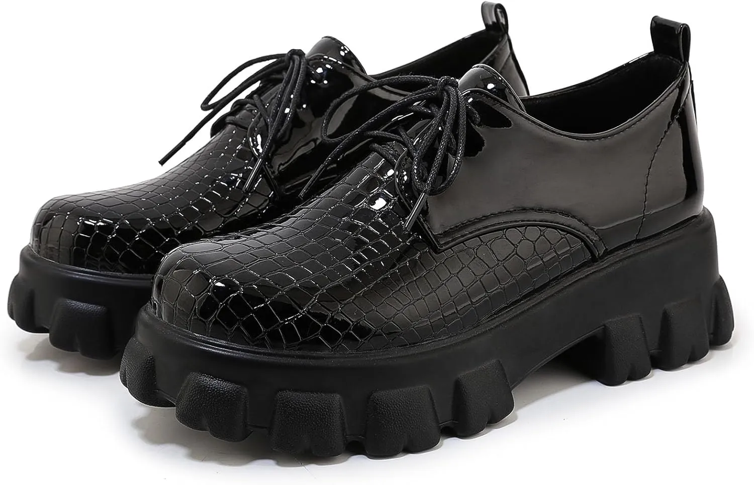 Women's Lug Sole Creeper Shoes Patent Leather Chunky Heels Oxford Brogues Crocodile Print Gothic Platform Pumps