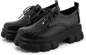 Women's Lug Sole Creeper Shoes Patent Leather Chunky Heels Oxford Brogues Crocodile Print Gothic Platform Pumps