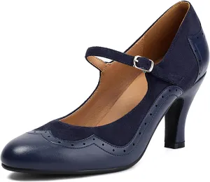 Women's Mary Jane Wingtip Rockability Close Round Toe Vintage 1950s Heels Oxford 1930s Ankle Straps Retro 1920s Victorian Pumps Shoes (Blue US7)