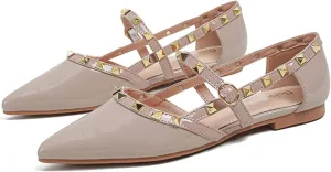 Women's Patent Leather Pointed Studs Mary Jane Flats Closed Toe Hollow Out Adjustable Buckle Casual Walking Shoes for Wedding Parties Formal Occasions