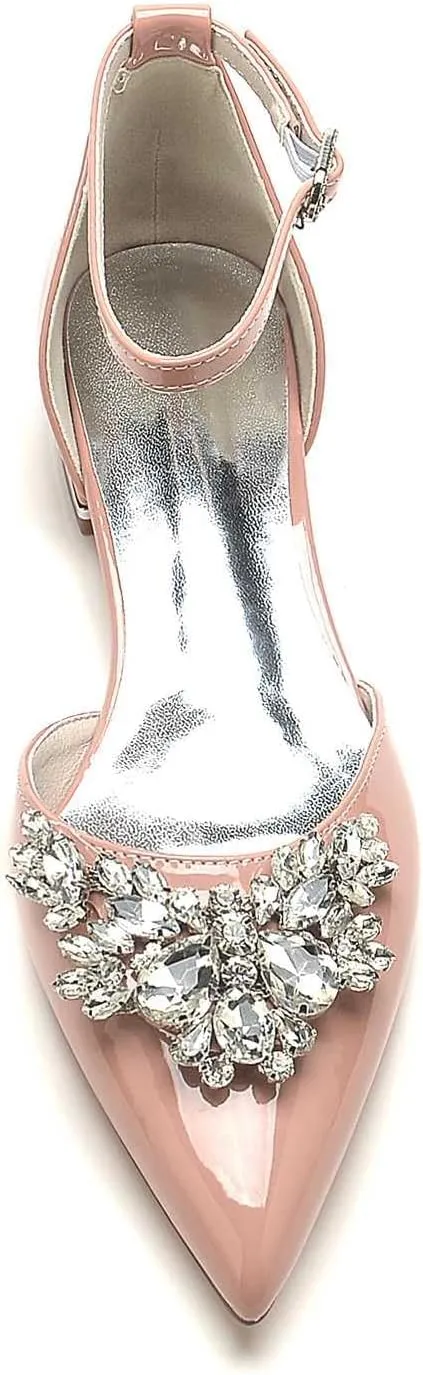 Women's Patent Leather Pointed Toe Pearl Wedding Flats for Bride Comfortable Wedding Shoes Low Heels Rhinestones Bridal Flats Evening Prom Party Dress Shoes Pumps